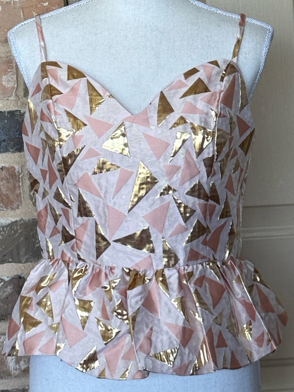 3/$20 Metallic Gold & Blush Geo Peplum Cami Smocked Zip Back Whimsical Fairycore